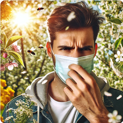 봄철 꽃가루 속에서 마스크를 착용한 채 알레르기로 고생하는 사람