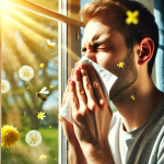 창문 너머로 봄을 바라보며 실내에서 꽃가루 알레르기를 겪는 모습