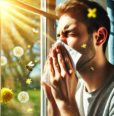 창문 너머로 봄을 바라보며 실내에서 꽃가루 알레르기를 겪는 모습