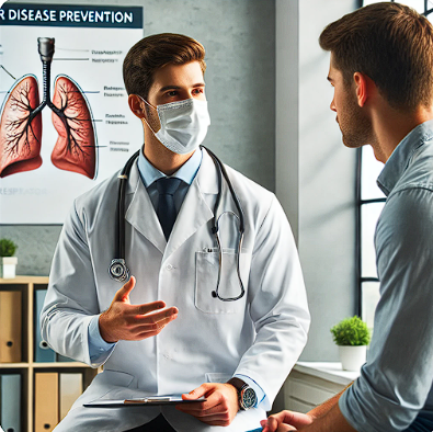 병원에서 의사가 환자에게 호흡기 질환 예방에 대해 상담