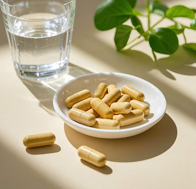 세라믹 접시에 담긴 비타민 D3