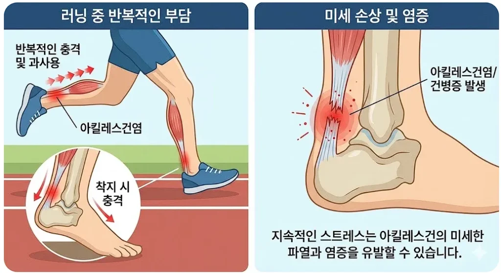 러닝 중 아킬레스건에 반복적인 부담이 가해지는 상황 설명 이미지
