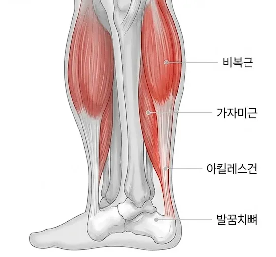 종아리 근육과 발뒤꿈치를 연결하는 아킬레스건 구조 설명
