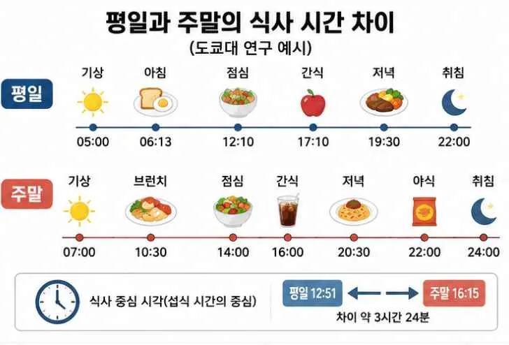 평일과 주말의 식사 시간 차이-출처:도쿄대 연구