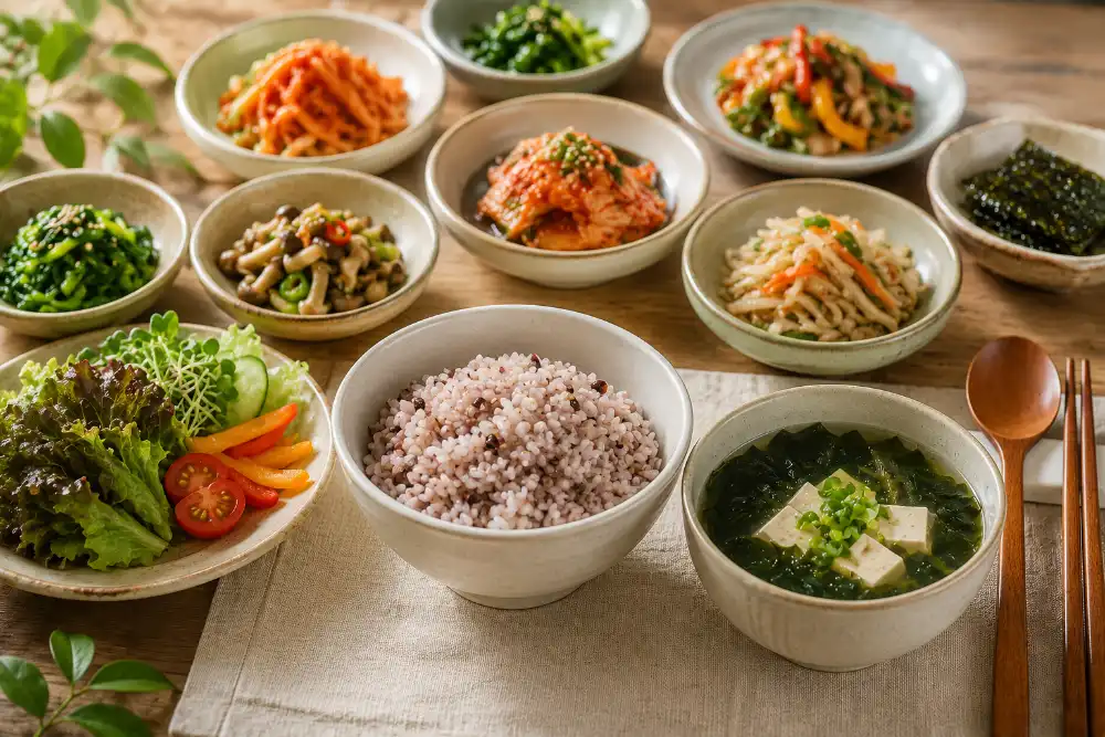 잡곡밥과 채소 반찬이 풍성하게 차려진 건강한 식탁 이미지