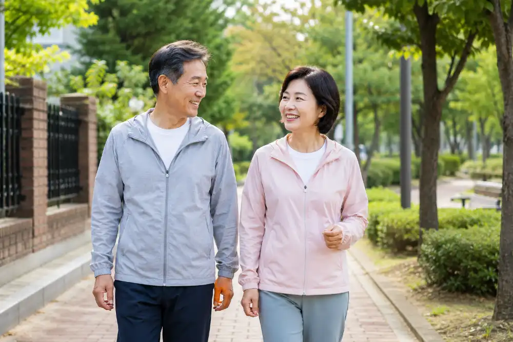식사 후 공원이나 주택가를 산책하는 한국인 중년 남녀 모습