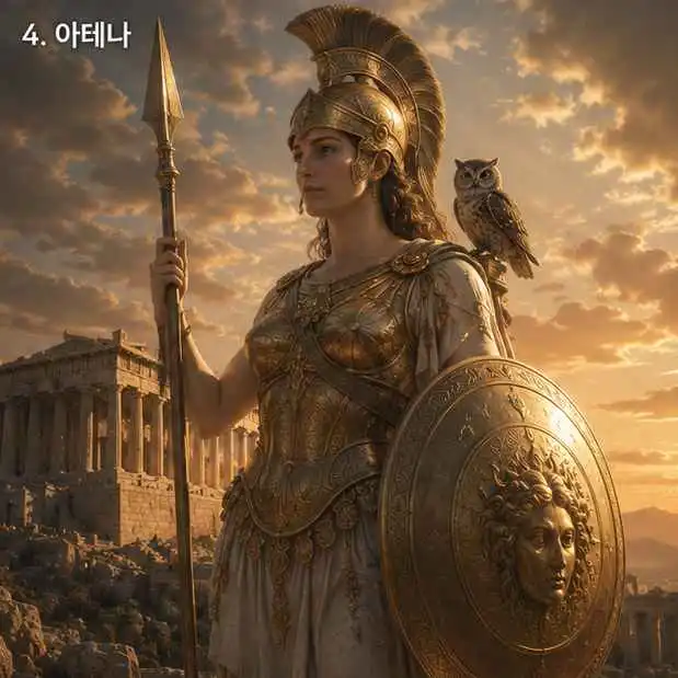 아테나 황금 갑옷 지혜로운 여신 신전 배경
